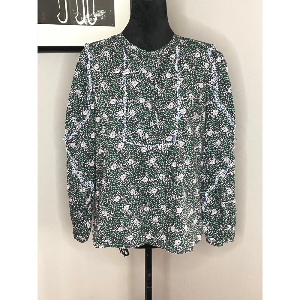 J. Crew‎ Liberty Fabric Floral Ruffle Long Sleeve Blouse Women's Green Medium - Picture 2 of 8